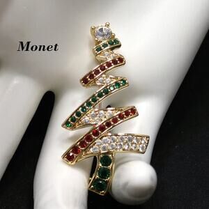Monet Rhinestone Vintage Christmas Tree Brooch, Gold Plated Pin